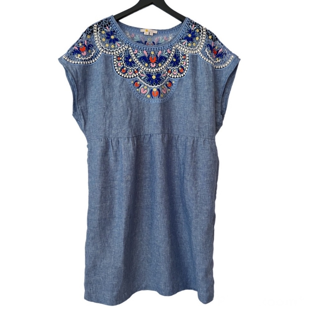 Boden Fleur Embroidered Linen Dress in Grey Blue Chambray Size 14 US